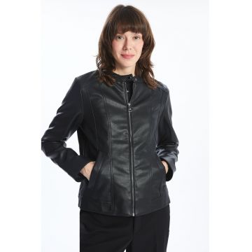 Jacheta biker din piele ecologica cu guler Mao
