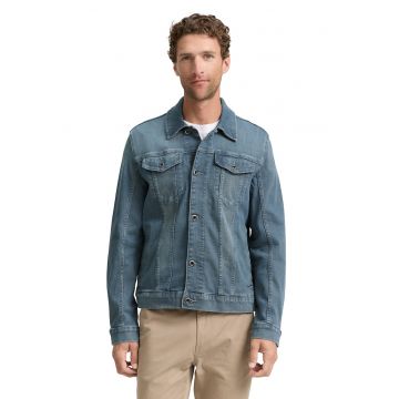 Jacheta din denim cu model uni si buzunare pe piept