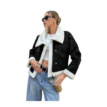 Geaca bomber scurta dama - piele ecologica cu blana artificiala -  alb/negru