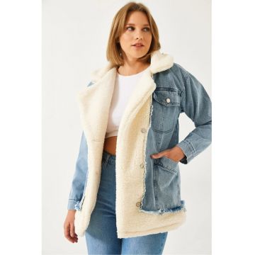Geaca dama -  denim - cu guler - bumbac-poliester - albastru/alb