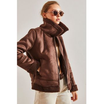 Geaca  din blana artificiala cu model - guler elegant - culoare maro scortisoara - material textil -