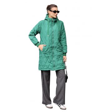 Geaca lunga dama - cu gluga - textil - verde smarald Geaca lunga dama - cu gluga - textil - verde smarald