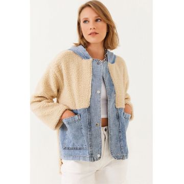 Jacheta dama  bumbac/lycra/blana artificiala - albastru/bej