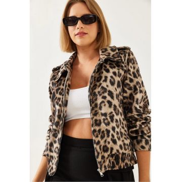 Jacheta dama - cu Fermoar si Imprimeu Leopard -  poliester - negru/maro