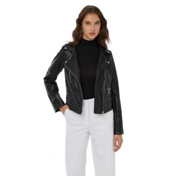Jacheta de motociclist -  Piele ecologica - Negru - Design elegant - Confortabil