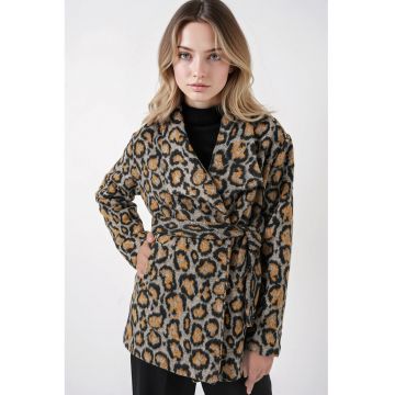 Palton dama -  Supradimensionat - Model leopard - Negru - Poliester/Bumbac