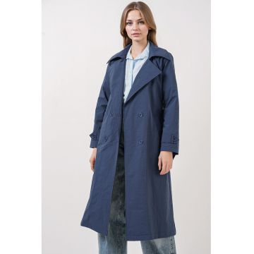 Palton dama  trench lung - bleumarin - textil - cu doua randuri de nasturi si buzunare -