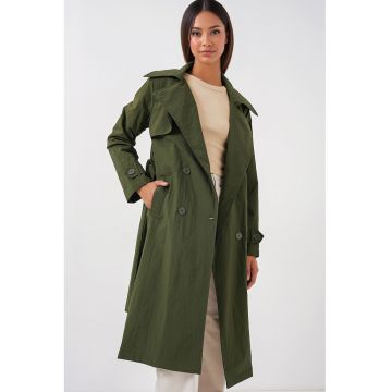 Palton dama -  trench lung cu doua nasturi - kaki - poliamida