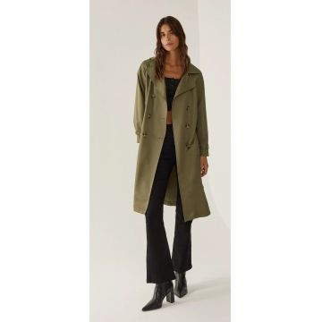 Palton dama -  trench usor cu nasturi si curea - verde - textil