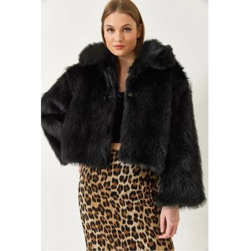 Palton scurt -  Blana artificiala - Negru -