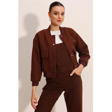 Jacheta dama  croiala lejera - buzunare cu nasturi - poliester/bumbac - maro