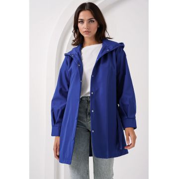 Palton dama -  trench cu gluga - croiala lejera - albastru royal - textil -