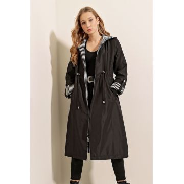 Trench lung cu gluga -  dungi - talie cu snur - negru - textil -