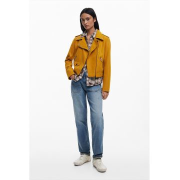 Jacheta biker de piele ecologica cu buzunare cu fermoar