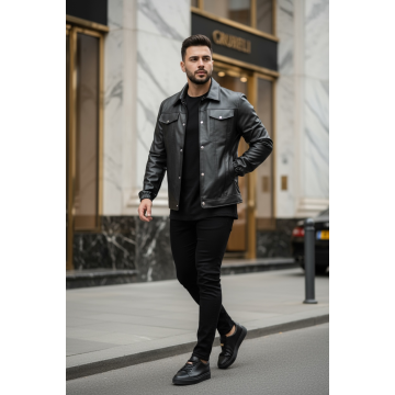 Geaca barbati neagra piele ecologica 12204  T13-1 Geaca barbati neagra piele ecologica 12204  T13-1