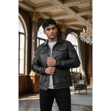 Geaca barbati neagra piele ecologica 12204  T13-1 Geaca barbati neagra piele ecologica 12204  T13-1