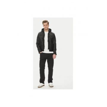 Geaca din piele barbati  SEAN HOOD - Piele naturala - Negru