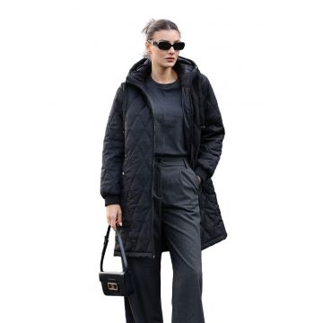 Geaca lunga dama - cu gluga -  textil - negru