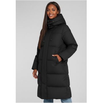 Geaca lunga  neagra - matlasata - cu gluga - buzunare - material sintetic Geaca lunga  neagra - matlasata - cu gluga - buzunare - material sintetic