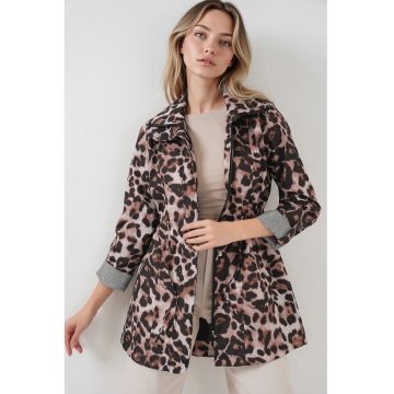 Geaca pentru dama -  cu imprimeu leopard - inchidere cu snur - maro - poliester