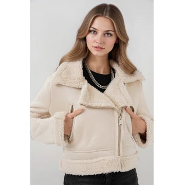 Jacheta dama - piele ecologica -  cu guler elegant - alb