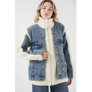 Jacheta din denim dama -  cu detalii din blana - albastru/alb Jacheta din denim dama -  cu detalii din blana - albastru/alb