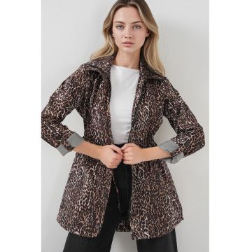 Palton dama -  cu imprimeu leopard - inchidere cu snur - poliester - maro