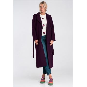 Palton dama -  lung - violet - cu curea - tesatura din amestec de lana Palton dama -  lung - violet - cu curea - tesatura din amestec de lana