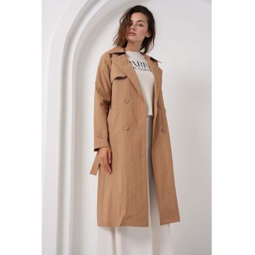 Palton dama  trench lung - doua randuri de nasturi - maro camel - textil