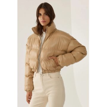 Palton puf  piele ecologica - bej - elegant - confortabil -