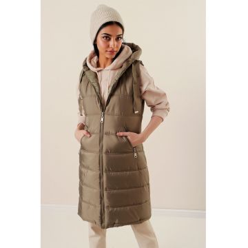 Vesta dama  lunga cu gluga si fermoar - textil - bej -
