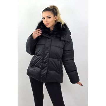 Geaca groasa, asimetrica SoReal, cu gluga detasabila si garnitura blana, Negru