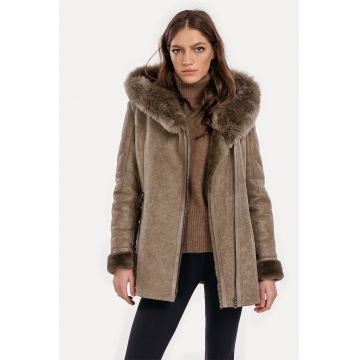 Haina din piele intoarsa cu blana shearling de miel Nina