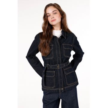 Jacheta din denim cu cordon in talie