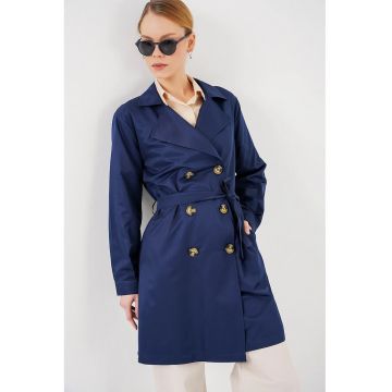 Palton dama -  cu doua randuri de nasturi - textil - albastru Palton dama -  cu doua randuri de nasturi - textil - albastru