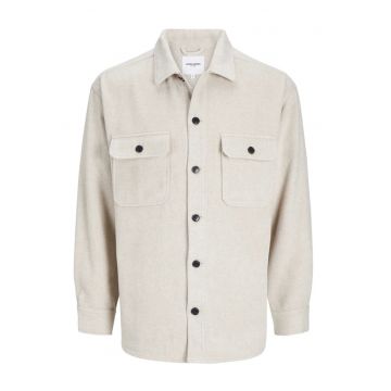 Jacheta barbati  gri - poliester si lana - stil camasa - cu guler - doua buzunare cu fermoar -