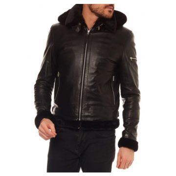 Sacou barbati Isaco - piele naturala - negru - gluga detasabila - buzunare - XL -