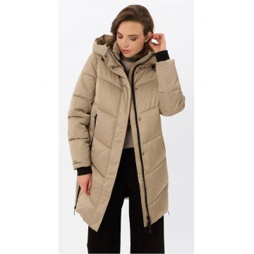 Geaca de iarna midi matlasata - cu gluga - fermoare laterale - dama -  J-Dila - Bej