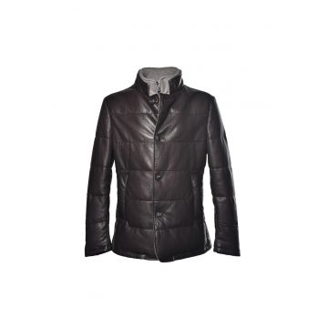 Jacheta din piele cu nasturi si guler mediu