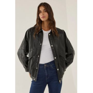 Jacheta supradimensionata -  Negru - Piele ecologica