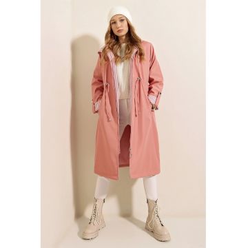 Palton dama -  lung - cu gluga - talie cu snur - poliester - roz