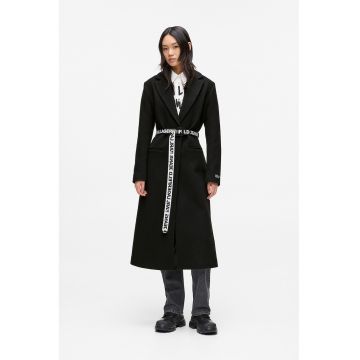 Palton din amestec de lana cu cordon cu logo