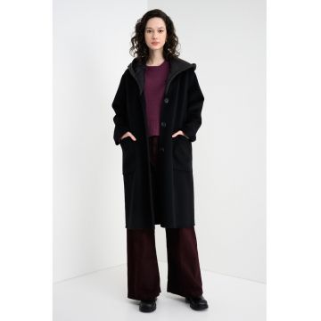 Palton din amestec de lana cu gluga Rawelle