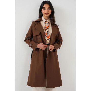 Palton pentru dama -  captusit - cu doua randuri de nasturi - maro - poliester