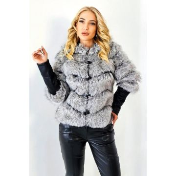 Blana artizanala Kataleya, gluga si maneci detasabile cu piele eco, Alb