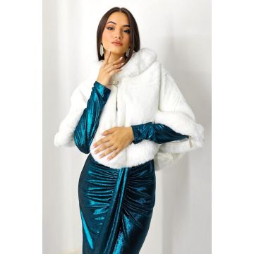 Bolero tip capa Leya, din blana ecologica, cu prindere in gaica, Alb, Marime OneSize