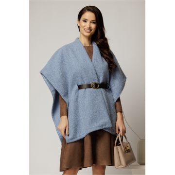 Capa eleganta din bucle albastra cu croi lejer si curea in talie