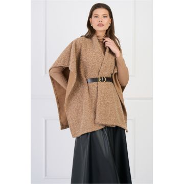 Capa eleganta din bucle maro cu croi lejer si curea in talie