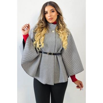 Capă eleganta tip pelerina, Amalia, cu buton si curea, Gri