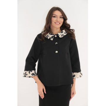 Capa neagra din stofa cu lana si guler din brocart ivory